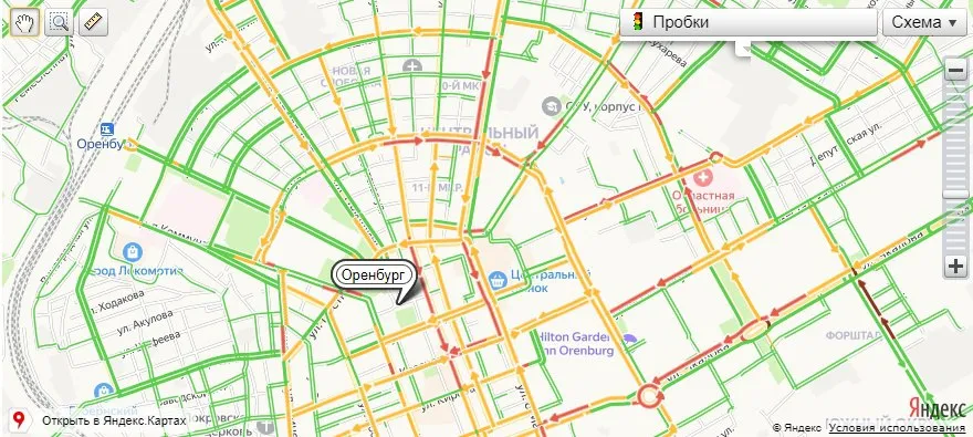 В Оренбурге вечером 20 октября пробки оценили в 6 баллов